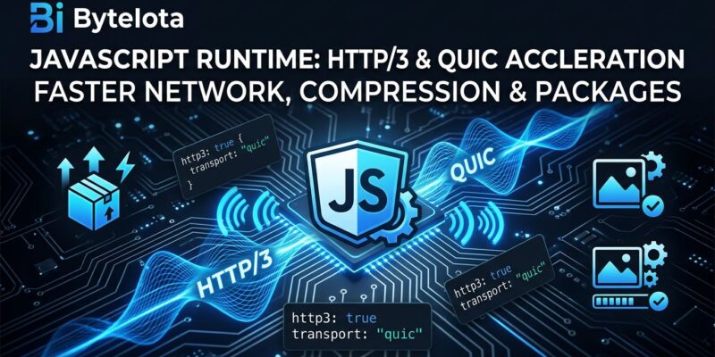 Bun v1.3.14 featured image showing HTTP/3 QUIC network waves and JavaScript runtime with blue circuit board design
