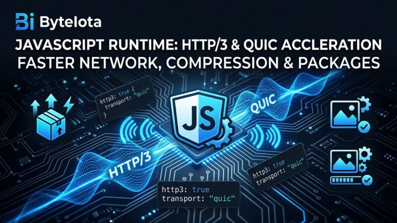 Bun v1.3.14 featured image showing HTTP/3 QUIC network waves and JavaScript runtime with blue circuit board design