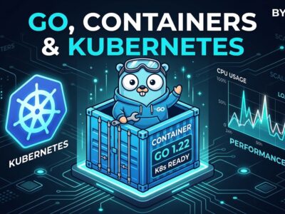 Go gopher mascot inside a Kubernetes container with CPU performance graphs, illustrating Go 1.25 container-aware GOMAXPROCS feature