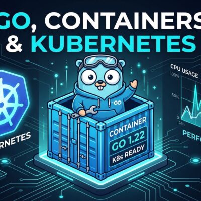 Go gopher mascot inside a Kubernetes container with CPU performance graphs, illustrating Go 1.25 container-aware GOMAXPROCS feature