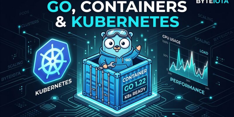 Go gopher mascot inside a Kubernetes container with CPU performance graphs, illustrating Go 1.25 container-aware GOMAXPROCS feature
