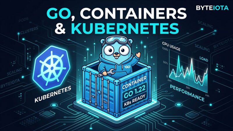 Go gopher mascot inside a Kubernetes container with CPU performance graphs, illustrating Go 1.25 container-aware GOMAXPROCS feature