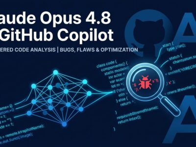 Claude Opus 4.8 in GitHub Copilot - AI code analysis visualization with neural network nodes and code highlighting