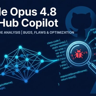 Claude Opus 4.8 in GitHub Copilot - AI code analysis visualization with neural network nodes and code highlighting