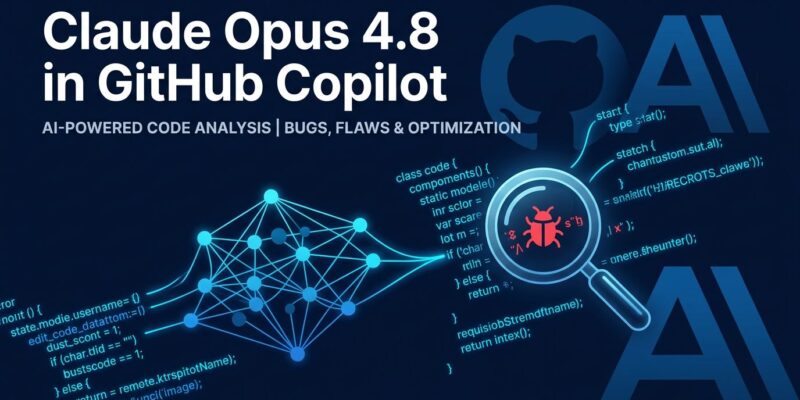 Claude Opus 4.8 in GitHub Copilot - AI code analysis visualization with neural network nodes and code highlighting