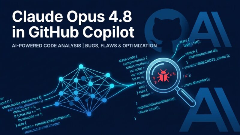 Claude Opus 4.8 in GitHub Copilot - AI code analysis visualization with neural network nodes and code highlighting
