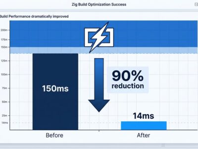 Performance bar chart showing Zig build system improvement from 150ms to 14ms with 90% reduction