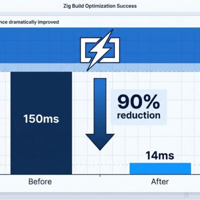 Performance bar chart showing Zig build system improvement from 150ms to 14ms with 90% reduction