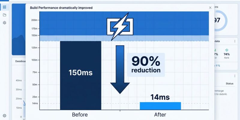 Performance bar chart showing Zig build system improvement from 150ms to 14ms with 90% reduction