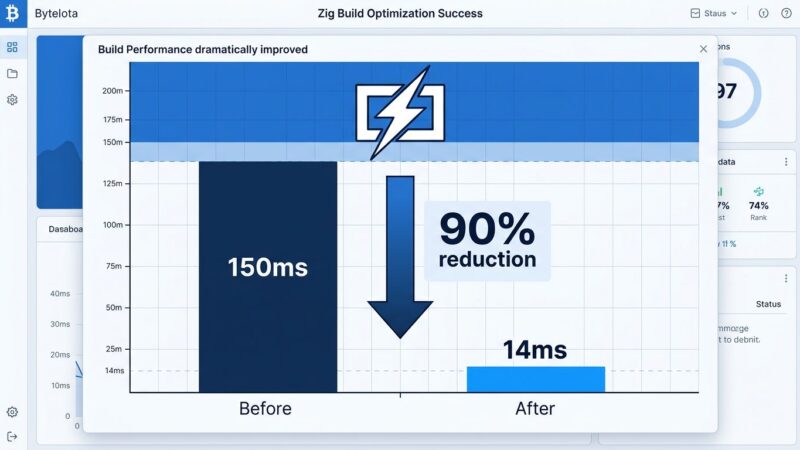 Performance bar chart showing Zig build system improvement from 150ms to 14ms with 90% reduction