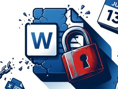 Microsoft Office document icon locked behind a padlock with a July 13 calendar date, representing Office 2019 for Mac losing editing ability