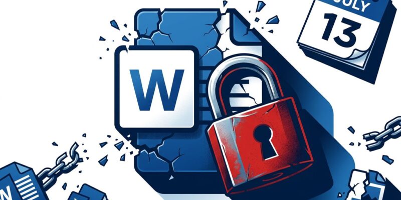 Microsoft Office document icon locked behind a padlock with a July 13 calendar date, representing Office 2019 for Mac losing editing ability