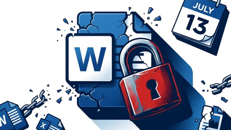 Microsoft Office document icon locked behind a padlock with a July 13 calendar date, representing Office 2019 for Mac losing editing ability