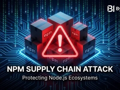 Cybersecurity illustration showing npm supply chain attack targeting CI/CD credentials