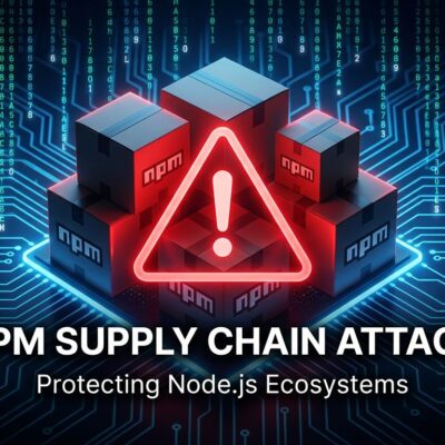 Cybersecurity illustration showing npm supply chain attack targeting CI/CD credentials