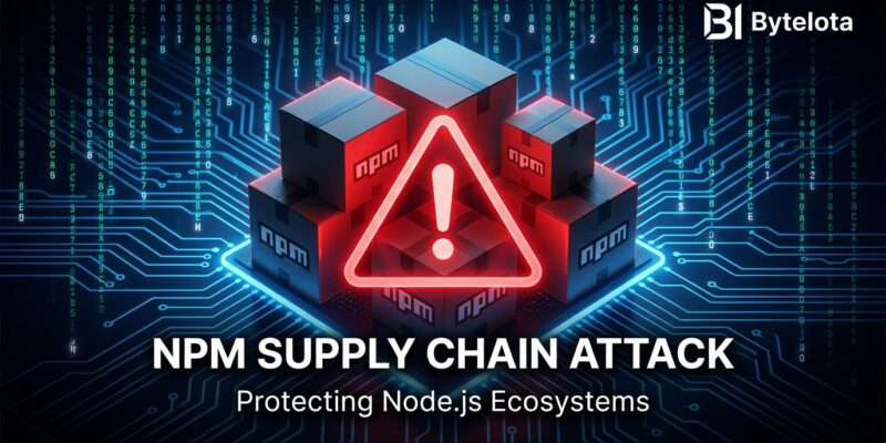 Cybersecurity illustration showing npm supply chain attack targeting CI/CD credentials