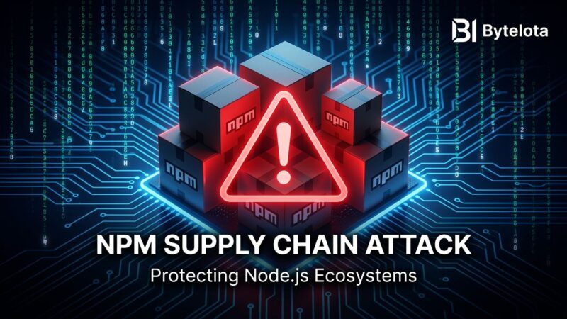 Cybersecurity illustration showing npm supply chain attack targeting CI/CD credentials