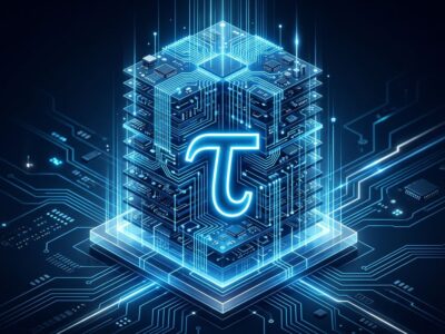 Abstract visualization of Huawei LogicFolding 3D chip architecture with tau symbol representing the new Tau Scaling Law semiconductor framework