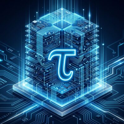 Abstract visualization of Huawei LogicFolding 3D chip architecture with tau symbol representing the new Tau Scaling Law semiconductor framework