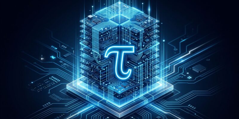 Abstract visualization of Huawei LogicFolding 3D chip architecture with tau symbol representing the new Tau Scaling Law semiconductor framework