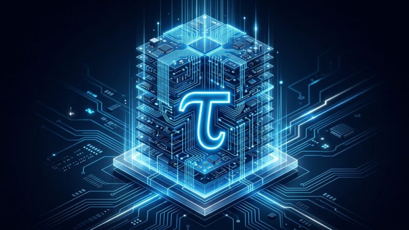Abstract visualization of Huawei LogicFolding 3D chip architecture with tau symbol representing the new Tau Scaling Law semiconductor framework