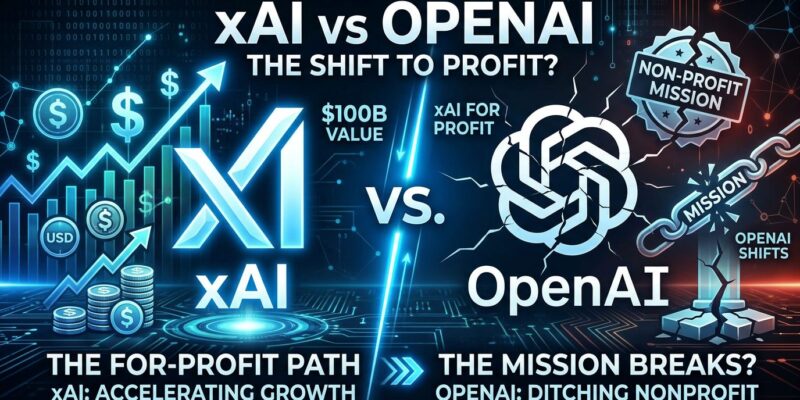 Split-screen showing xAI vs OpenAI lawsuit hypocrisy