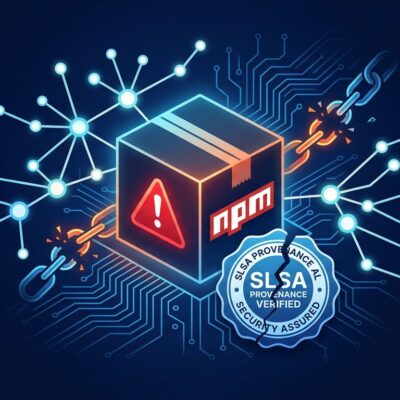 npm package box with warning symbol surrounded by compromised nodes representing the Mini Shai-Hulud worm attack on TanStack packages