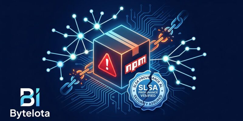 npm package box with warning symbol surrounded by compromised nodes representing the Mini Shai-Hulud worm attack on TanStack packages