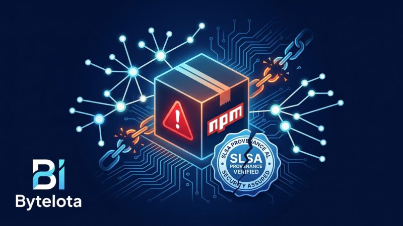 npm package box with warning symbol surrounded by compromised nodes representing the Mini Shai-Hulud worm attack on TanStack packages