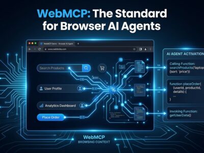 A browser window with glowing blue circuit connections representing AI agents calling structured website functions via the WebMCP web standard