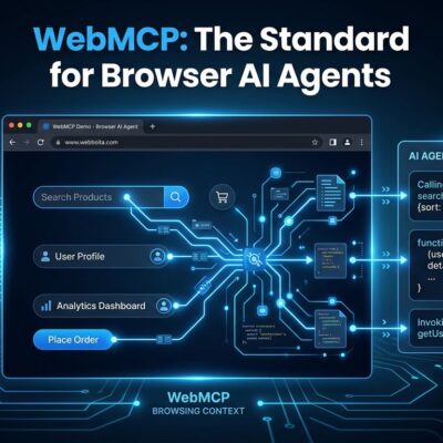 A browser window with glowing blue circuit connections representing AI agents calling structured website functions via the WebMCP web standard