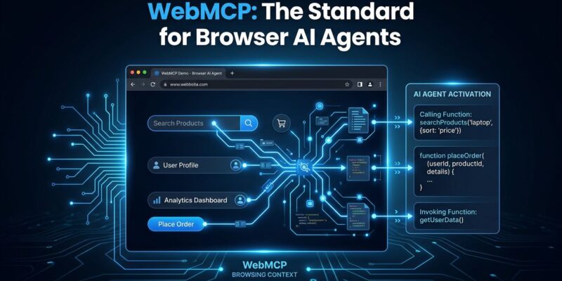 A browser window with glowing blue circuit connections representing AI agents calling structured website functions via the WebMCP web standard