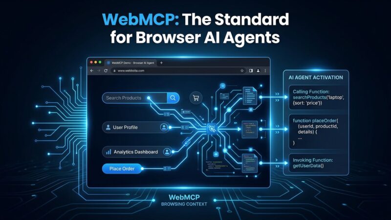 A browser window with glowing blue circuit connections representing AI agents calling structured website functions via the WebMCP web standard