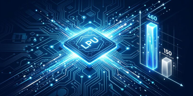 Groq LPU inference chip data streams representing high token throughput for AI neocloud