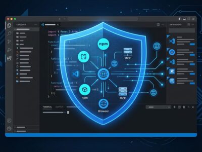 Developer IDE with security shield overlay showing npm, VS Code extensions, browser plugins, and MCP servers protected by Socket firewall