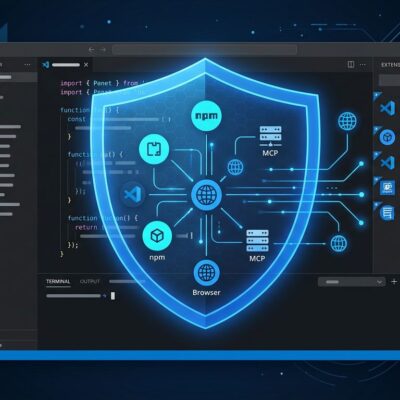 Developer IDE with security shield overlay showing npm, VS Code extensions, browser plugins, and MCP servers protected by Socket firewall