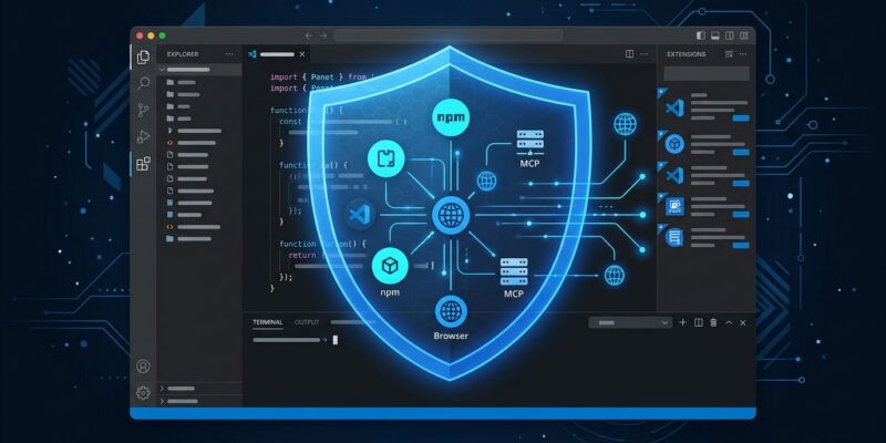 Developer IDE with security shield overlay showing npm, VS Code extensions, browser plugins, and MCP servers protected by Socket firewall