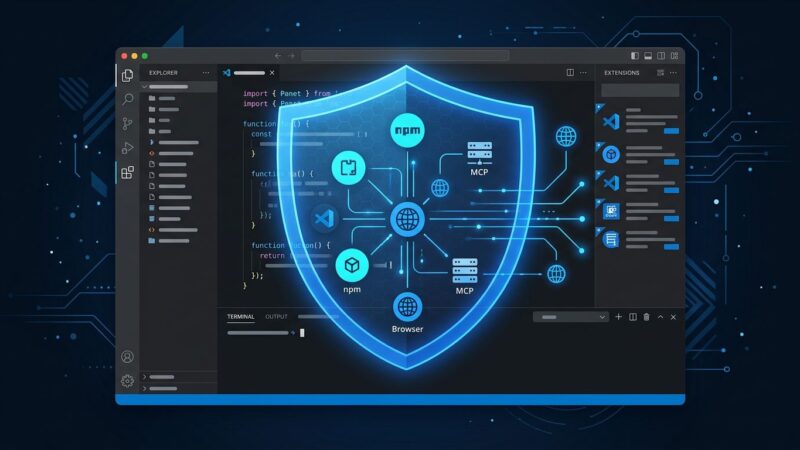 Developer IDE with security shield overlay showing npm, VS Code extensions, browser plugins, and MCP servers protected by Socket firewall