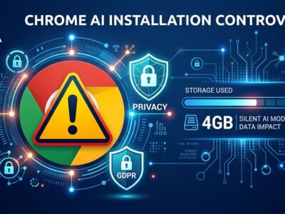 Chrome browser icon with warning symbol representing silent 4GB AI model installation without consent, privacy violation