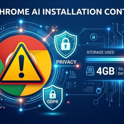 Chrome browser icon with warning symbol representing silent 4GB AI model installation without consent, privacy violation