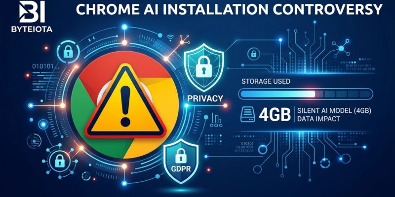 Chrome browser icon with warning symbol representing silent 4GB AI model installation without consent, privacy violation