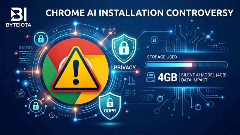 Chrome browser icon with warning symbol representing silent 4GB AI model installation without consent, privacy violation
