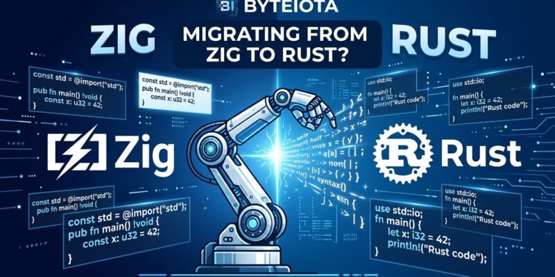Illustration showing Bun codebase migration from Zig to Rust using AI agents