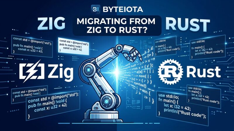 Illustration showing Bun codebase migration from Zig to Rust using AI agents