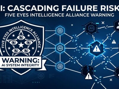 Illustration showing Five Eyes intelligence alliance warning about cascading failures in interconnected autonomous AI agent networks