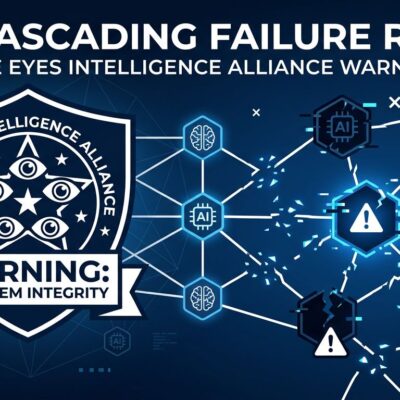 Illustration showing Five Eyes intelligence alliance warning about cascading failures in interconnected autonomous AI agent networks
