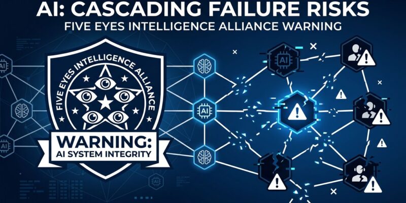 Illustration showing Five Eyes intelligence alliance warning about cascading failures in interconnected autonomous AI agent networks