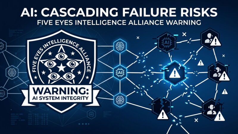 Illustration showing Five Eyes intelligence alliance warning about cascading failures in interconnected autonomous AI agent networks