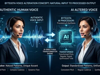 Split-screen visualization showing human speaking naturally on left and AI voice processor transforming accent patterns on right
