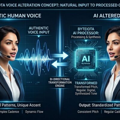 Split-screen visualization showing human speaking naturally on left and AI voice processor transforming accent patterns on right